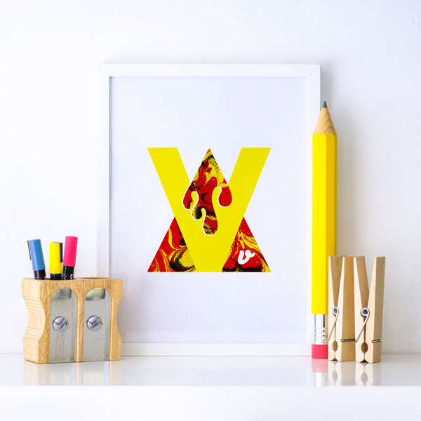 Alphablots alphabet art print letter v for volcano