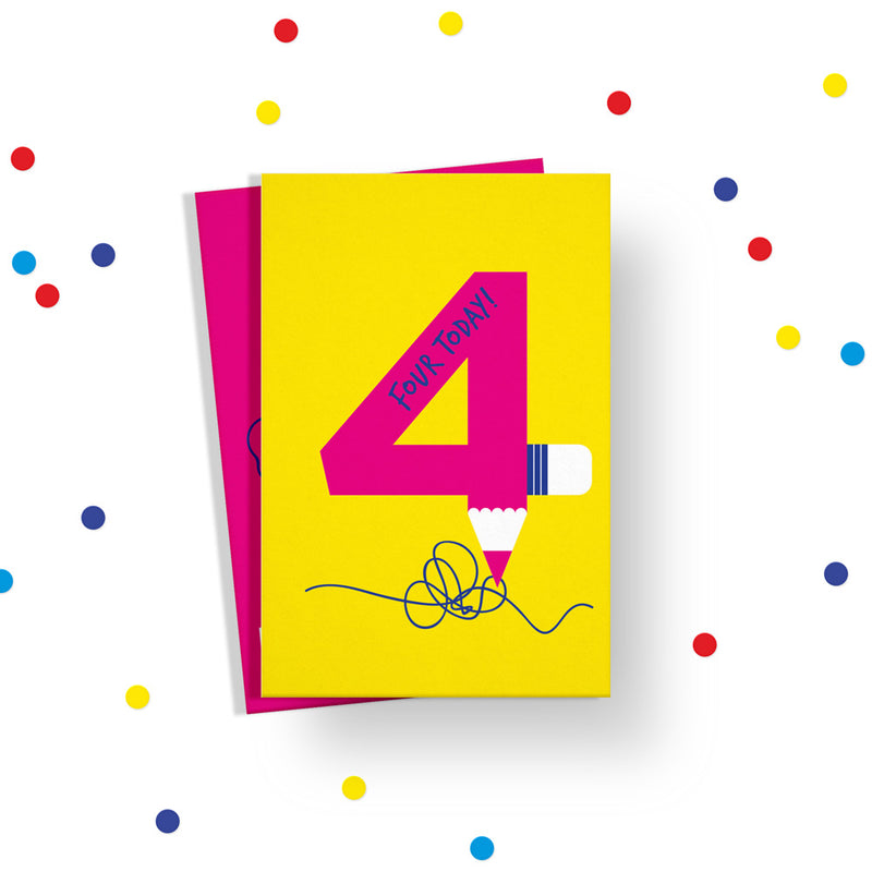 4th birthday pencil card. Gender neutral kids birthday card from Alphablots. £2.5, made in the UK.