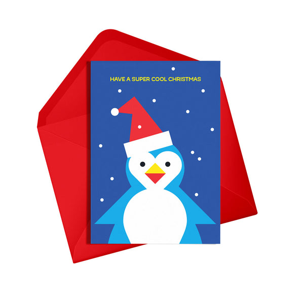 super cool penguin christmas card with snow and santa hat