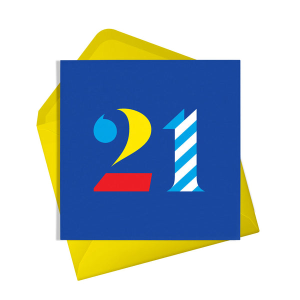 twenty first birthday card, 21 today, bold primary colours, type design keys to the door