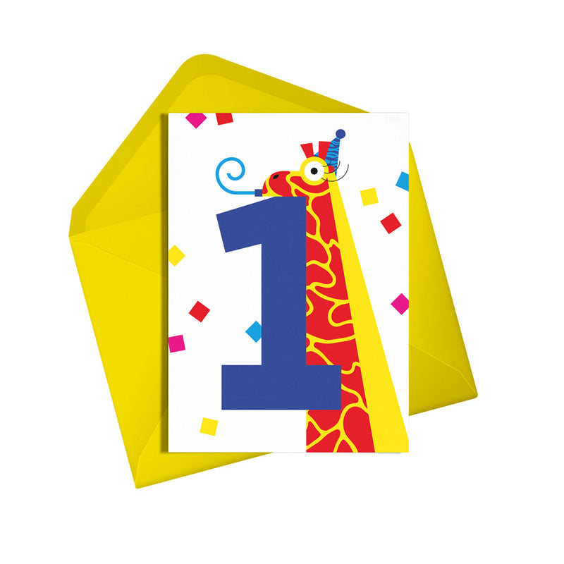 1st birthday giraffe card. Gender neutral kids birthday card from Alphablots. £2.5, made in the UK.