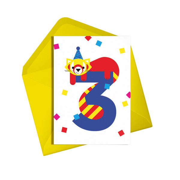 3rd birthday red panda card. Gender neutral kids birthday card from Alphablots. £2.5, made in the UK.