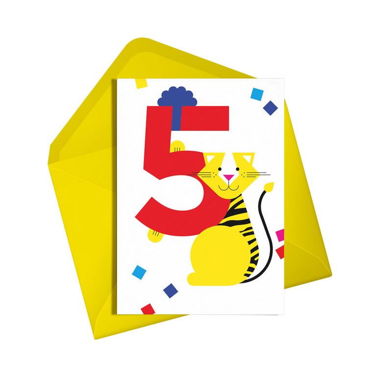 5th birthday tiger card. Gender neutral kids birthday card from Alphablots. £2.5, made in the UK.