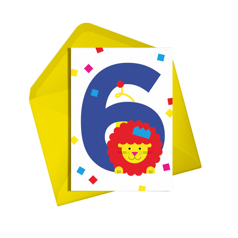 6th birthday lion card. Gender neutral kids birthday card from Alphablots. £2.5, made in the UK.