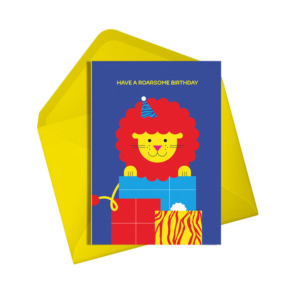 Roarsome birthday lion card. Gender neutral kids birthday card from Alphablots. £2.5, made in the UK.