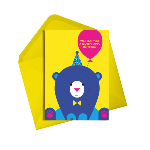 Beary happy birthday bear card. Gender neutral kids birthday card from Alphablots. £2.5, made in the UK.