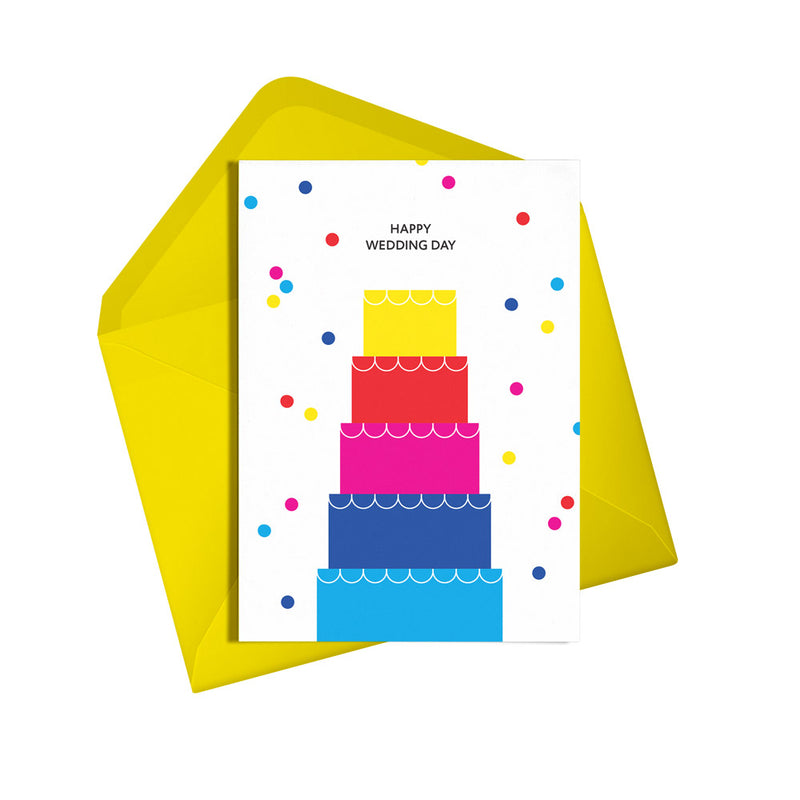 happy wedding day, rainbow marriage card, confetti and tiered cake design