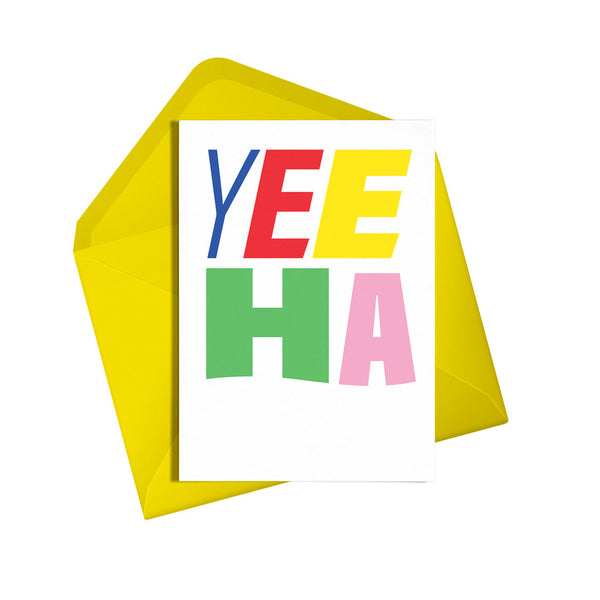 yeeha celebration card, lettering art, rainbow congratulations greetings card for new job, new home or passed exams