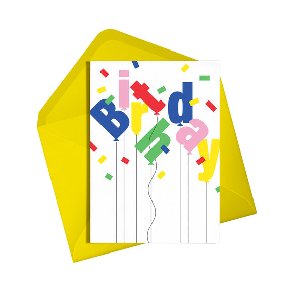 Birthday balloons card, rainbow confetti happy birthday greetings card