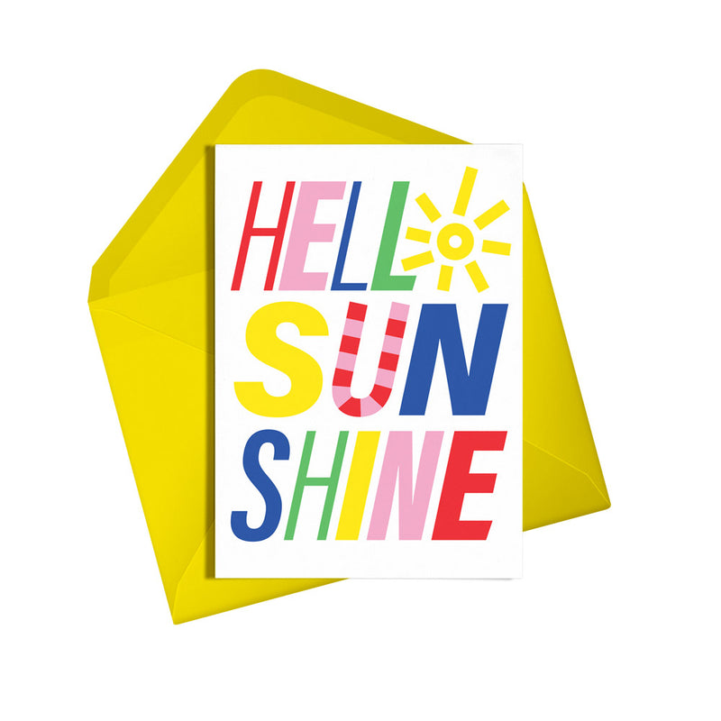 Hello sunshine card, just because sustainable friendship card featuring fun lettering