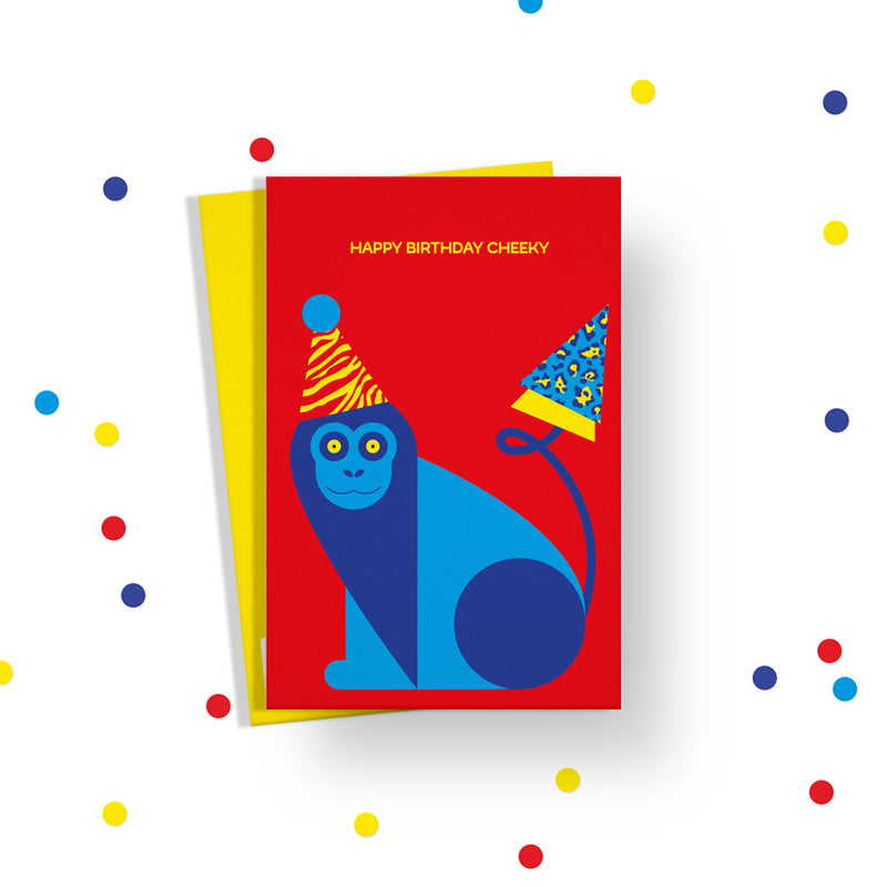 Happy birthday cheeky monkey card. Gender neutral kids birthday card from Alphablots. £2.5, made in the UK.