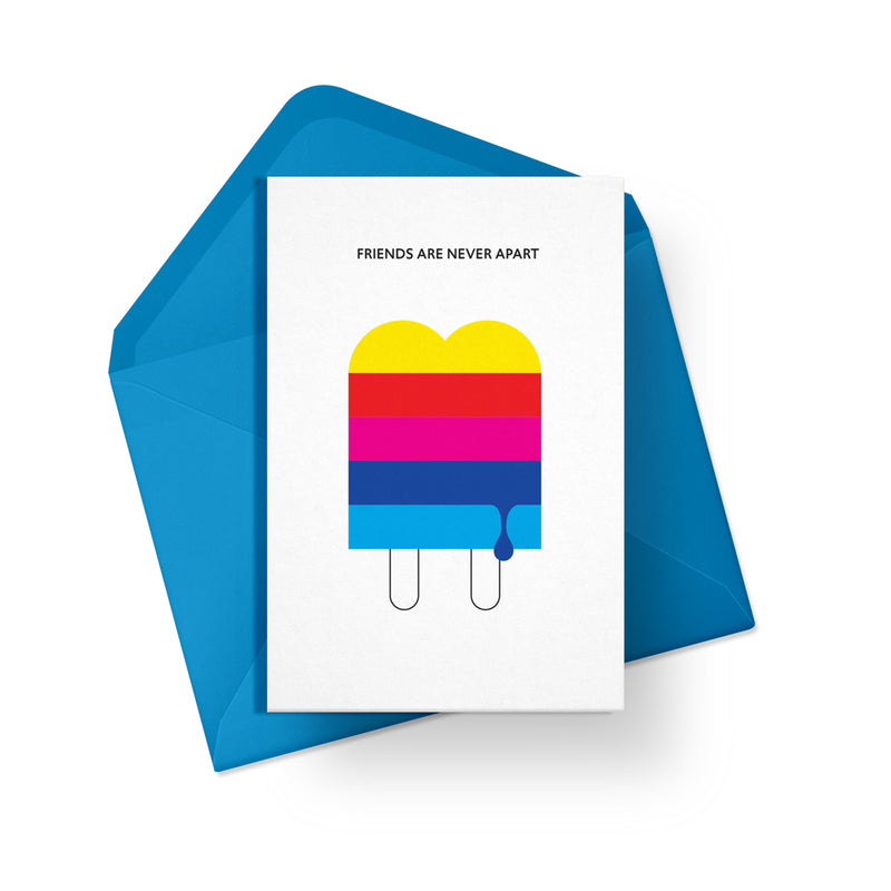friends are never apart social distancing card with rainbow lolly design