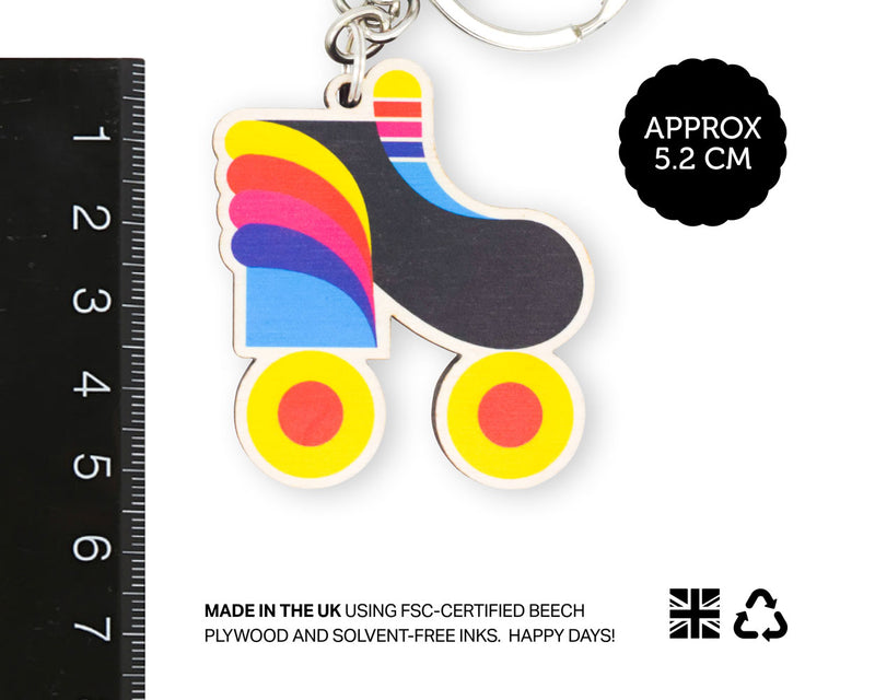 rainbow rollerskate keyring made in the uk from fsc-certified plywood