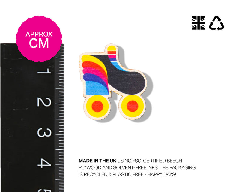 rainbow rollerskate pin badges. made in the uk using fsc-certified wood