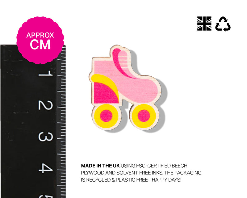 eco wooden roller skate pin badges. made in the uk using sustainable wood