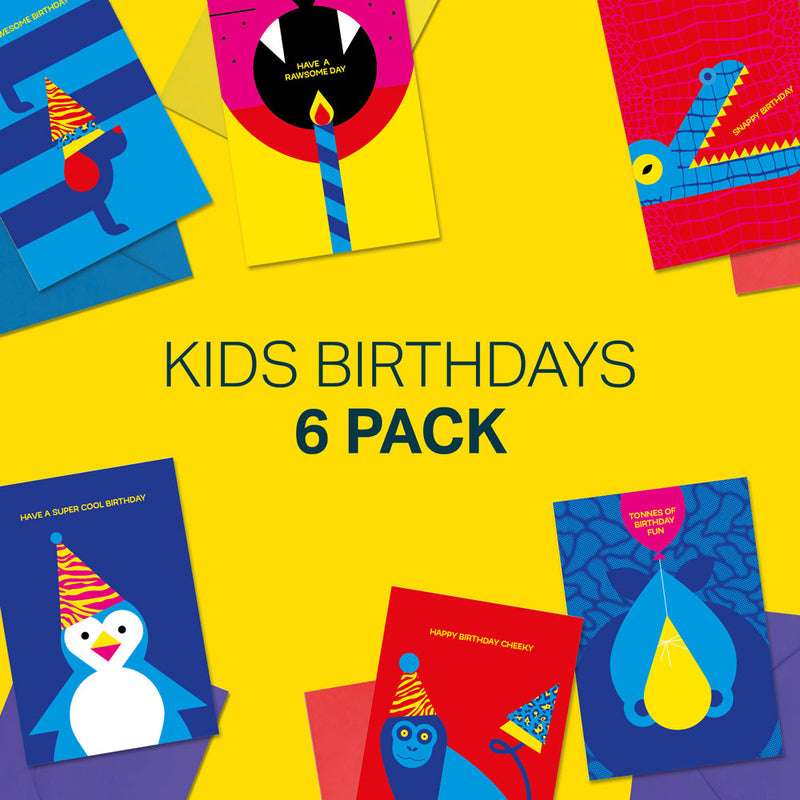 Kids six pack animal birthday cards. Gender neutral kids birthday card from Alphablots. £8.99, made in the UK.