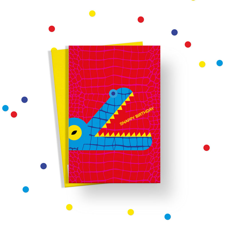 Snappy birthday crocodile card. Gender neutral kids birthday card from Alphablots. £2.5, made in the UK.