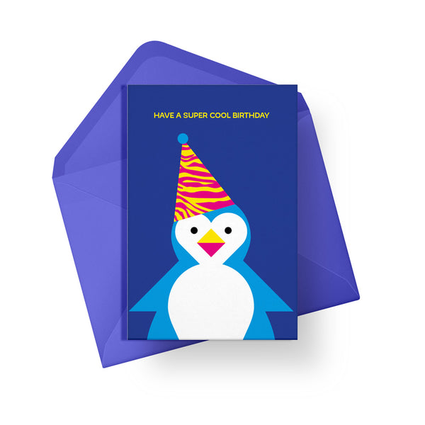 Super cool birthday penguin card. Gender neutral kids birthday card from Alphablots. £2.5, made in the UK.
