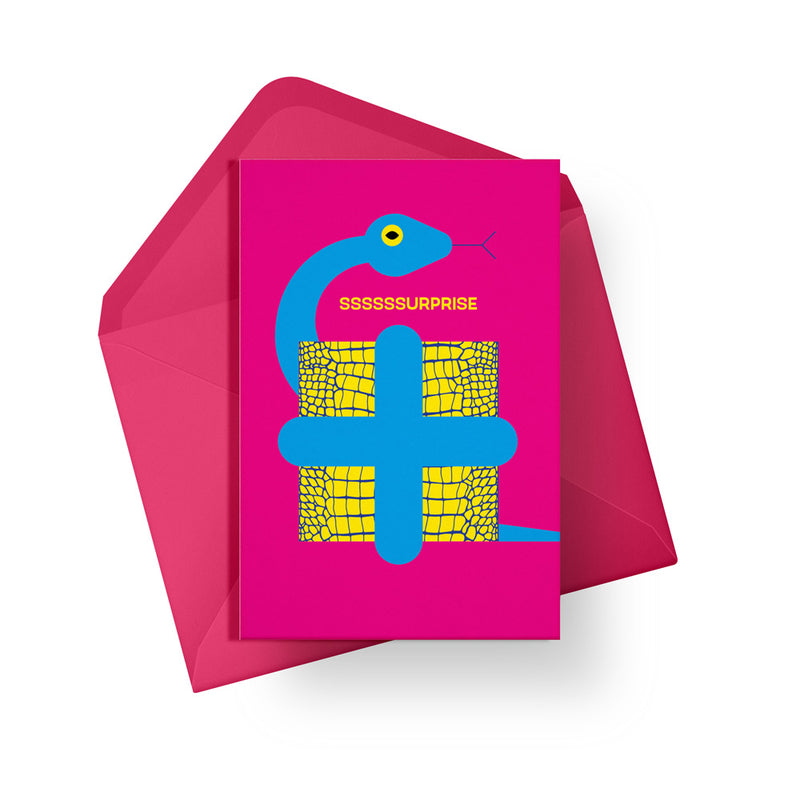 Surprise snake birthday card. Gender neutral kids birthday card from Alphablots. £2.5, made in the UK.