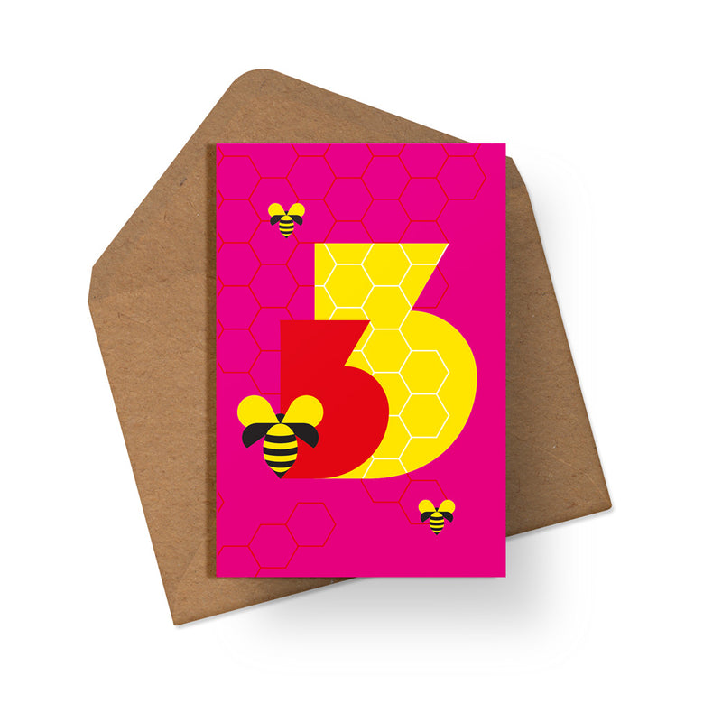 pink 3rd birthday card bee design