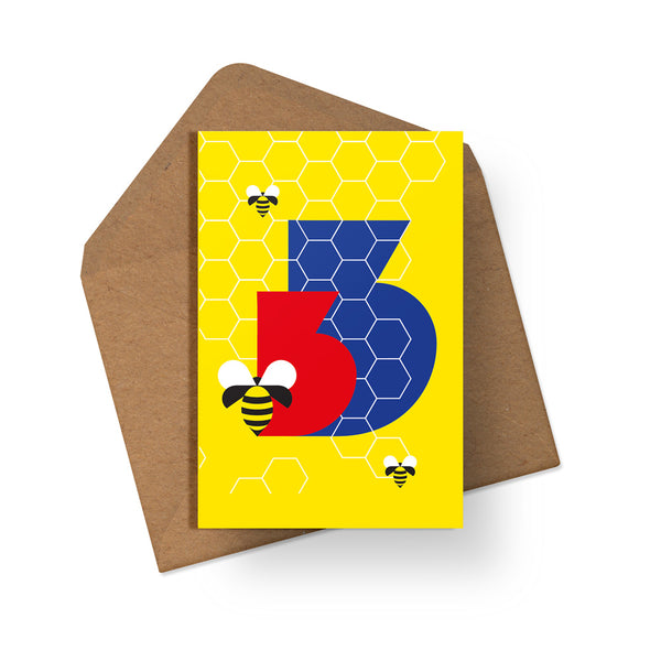 yellow 3rd birthday card bee design