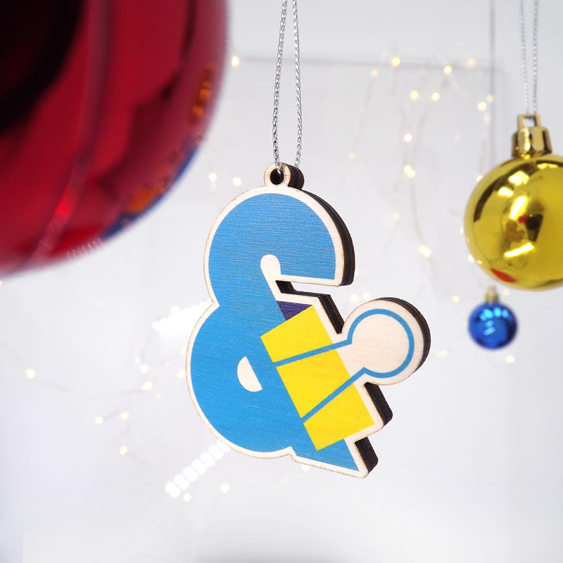 typographic laser cut blue plywood ampersand christmas tree decoration