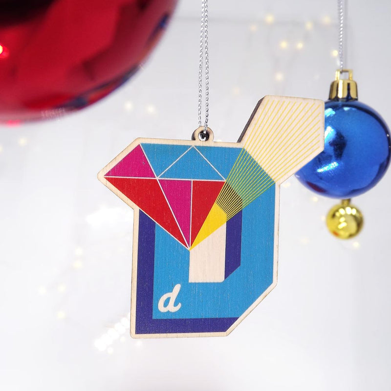 typographic laser cut plywood letter d christmas tree decoration