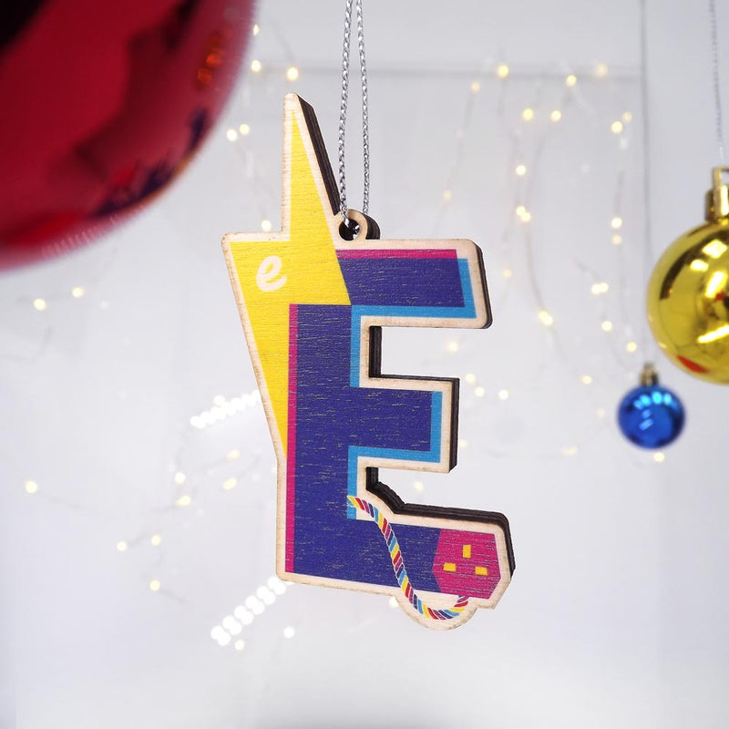typographic laser cut plywood letter e christmas tree decoration