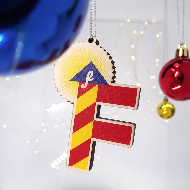 typographic laser cut plywood letter f christmas tree decoration