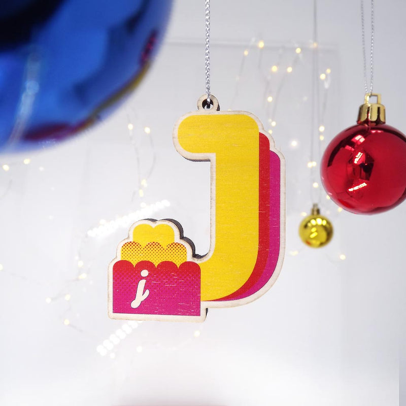 typographic laser cut plywood letter j christmas tree decoration