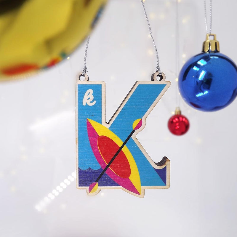 typographic laser cut plywood letter k christmas tree decoration