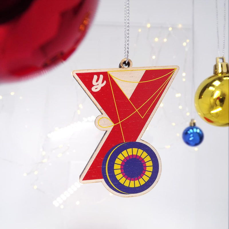typographic laser cut plywood letter y christmas tree decoration