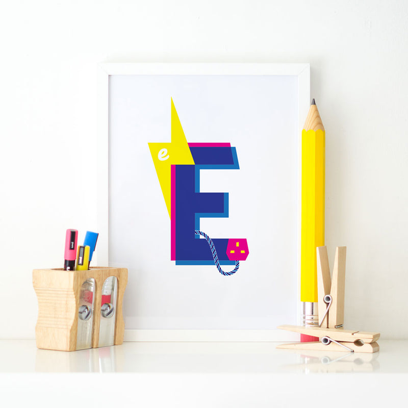 Alphablots art print of alphabet, letter e for electric