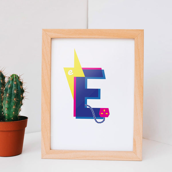Alphablots art print of alphabet, letter e for electric