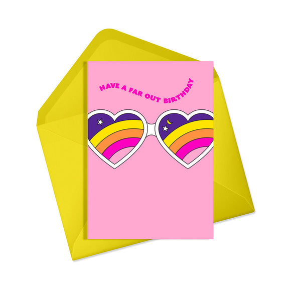 Far out glasses neon birthday card