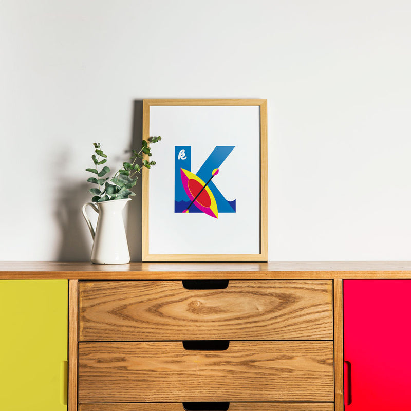 Alphablots art print of alphabet, letter k for kayak