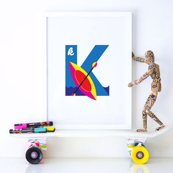 Alphablots art print of alphabet, letter k for kayak