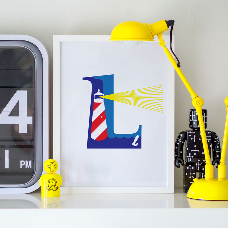 Alphablots art print of alphabet, letter l for lighthouse