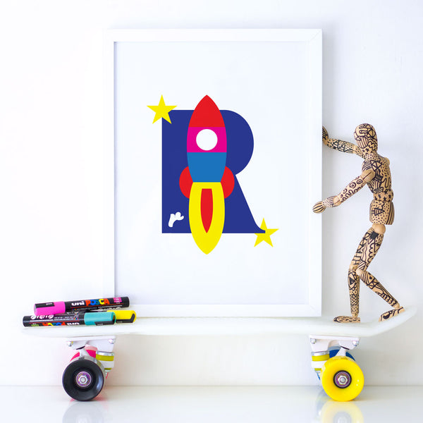Alphablots art print of alphabet, letter r for rocket