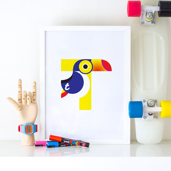Alphablots art print of alphabet, letter t for toucan