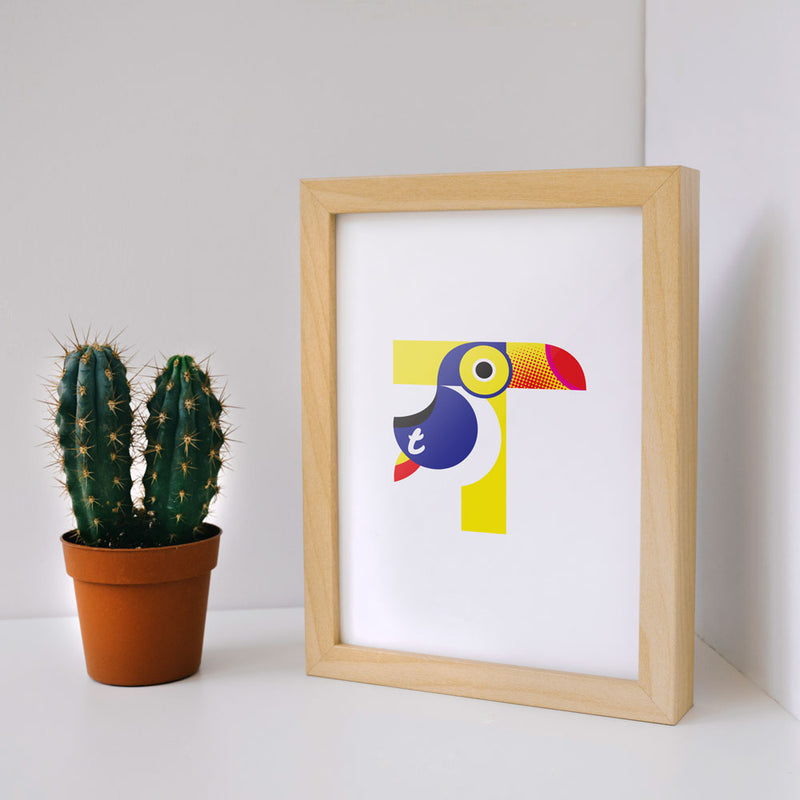 Alphablots art print of alphabet, letter t for toucan